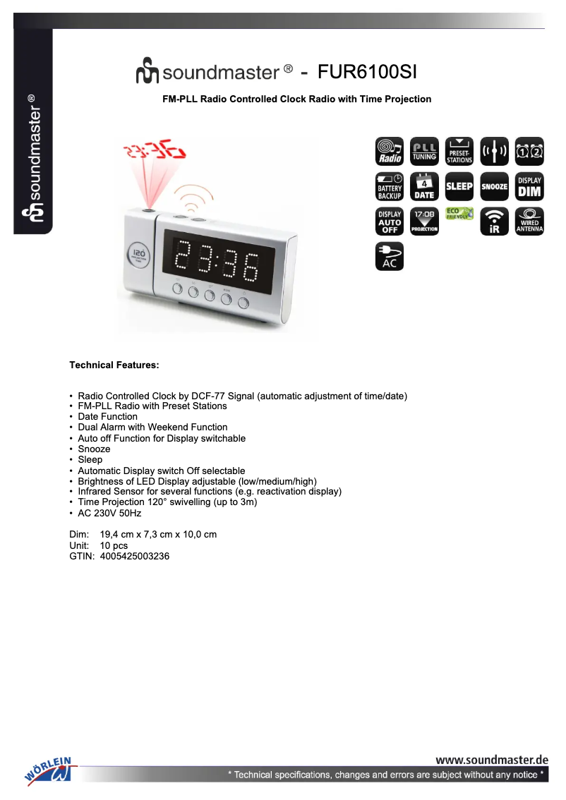 Page 1 de la notice Fiche technique Soundmaster FUR6100SI