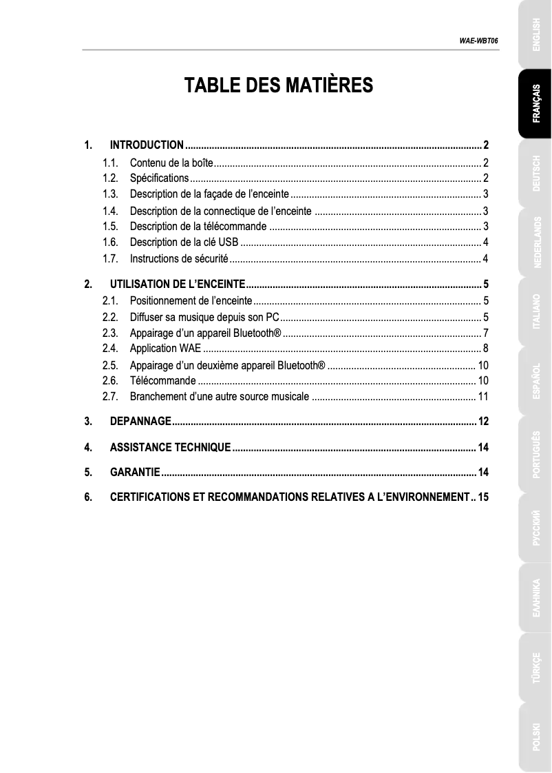 Image de la première page du manuel de l'appareil WAE WBT06