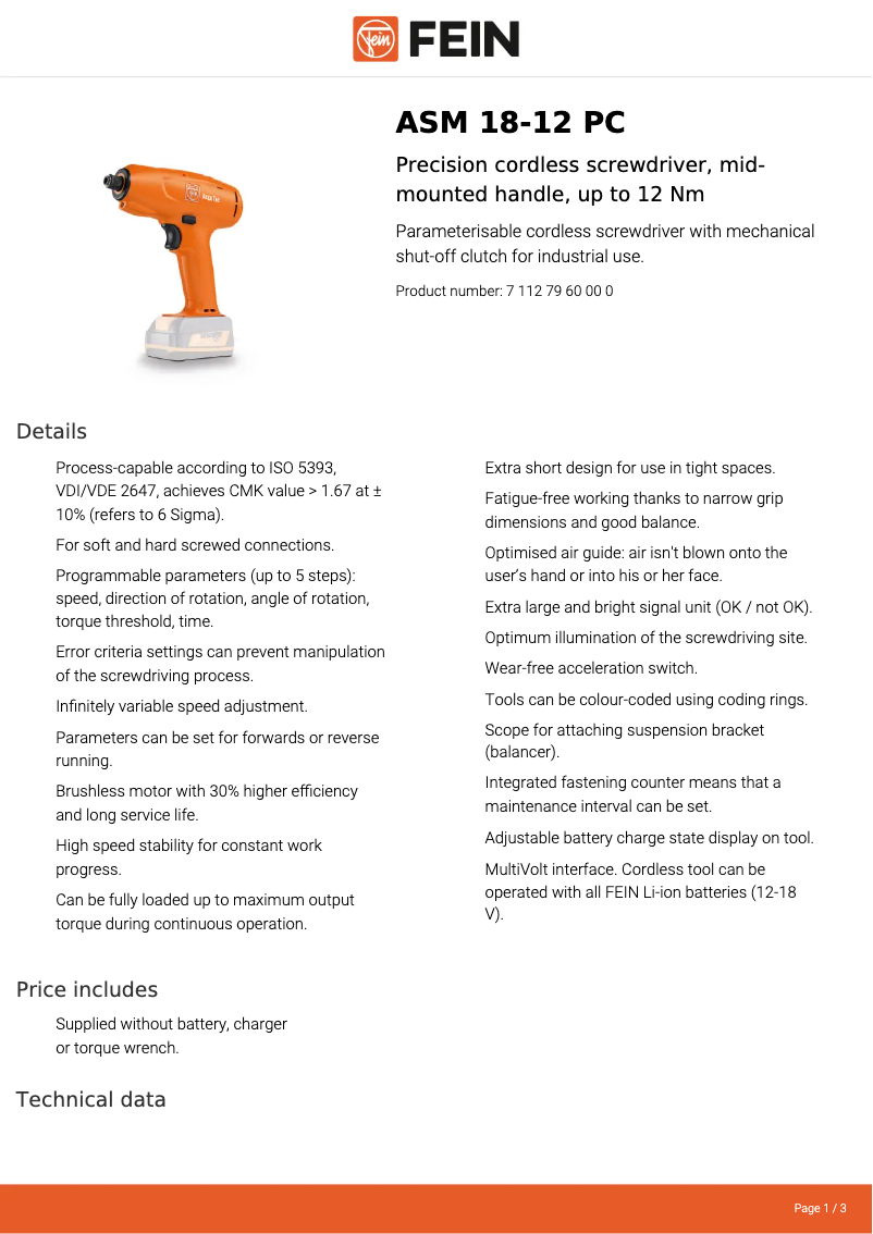 Page n°1 - Fiche technique Fein ASM 18-12 PC