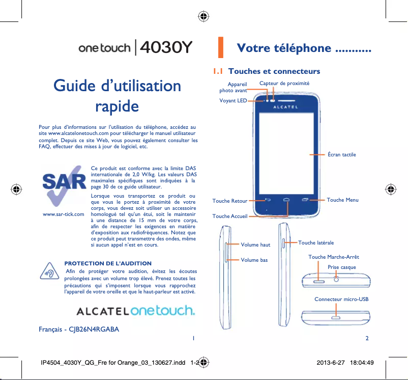 Page 1 de la notice Manuel utilisateur Alcatel One Touch 4030Y