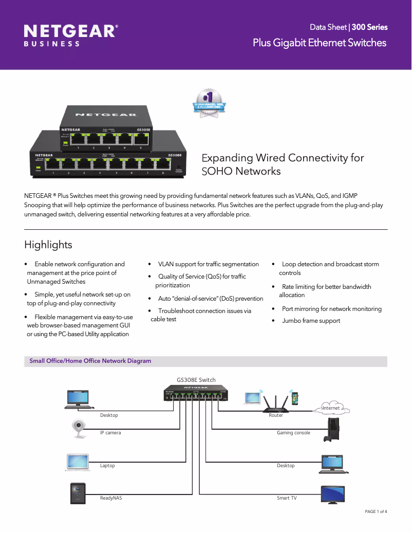 Page n°1 - Fiche technique Netgear GS308E