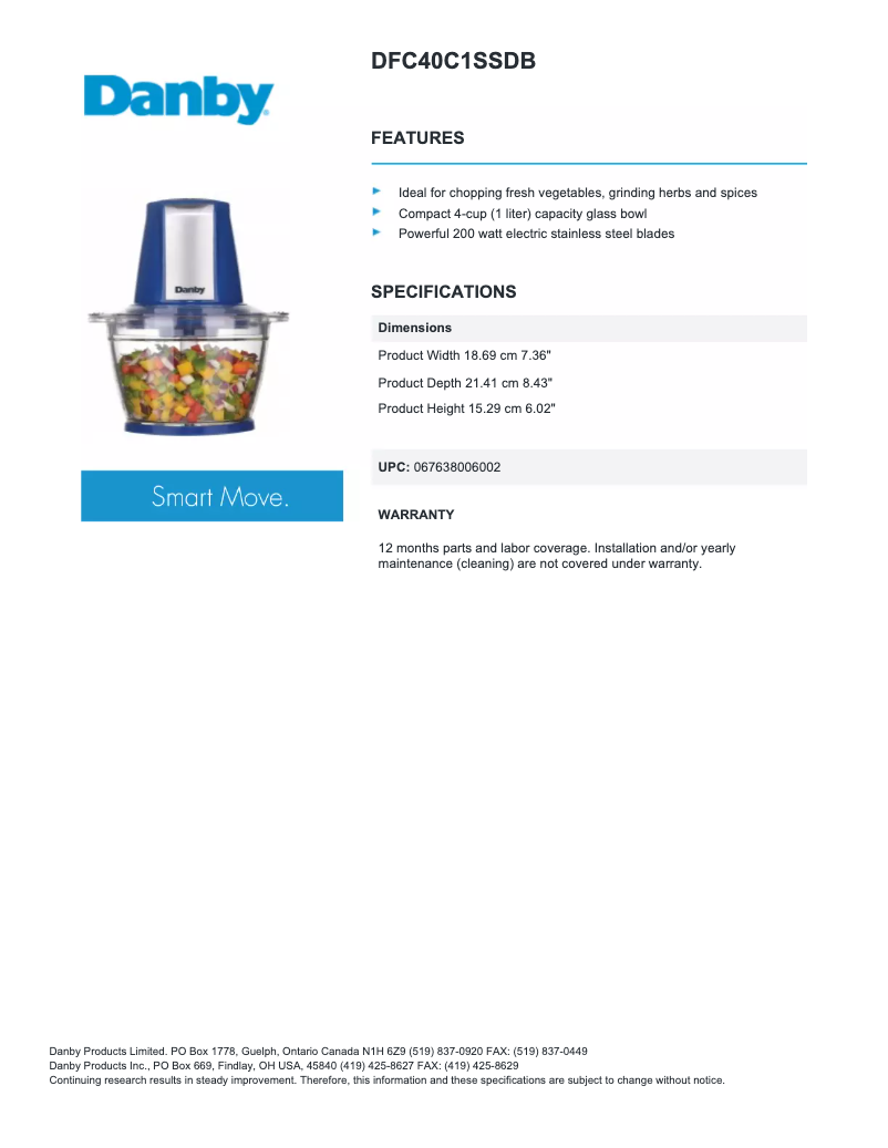 Page 1 de la notice Fiche technique Danby DFC40C1SSDB