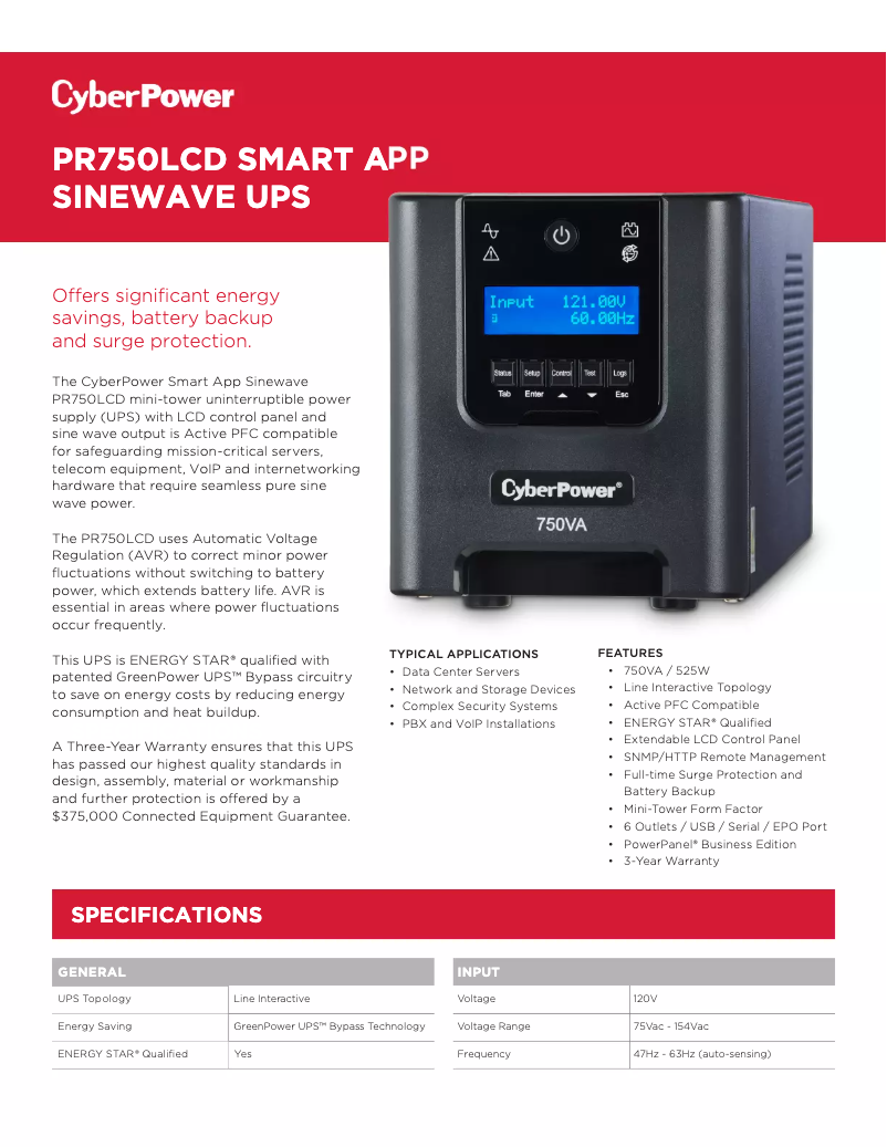 Página 1 del manual Ficha técnica CyberPower PR750LCD
