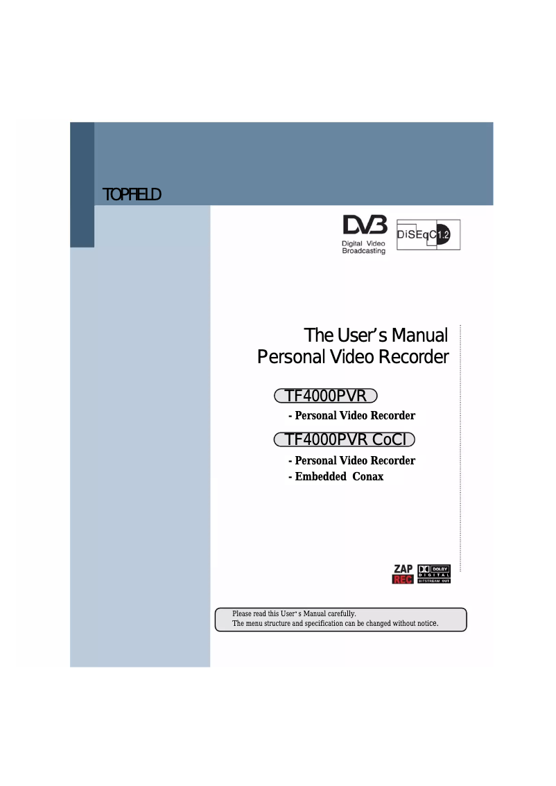 Page 1 de la notice Manuel utilisateur Topfield TF 4000 PVR CoCI