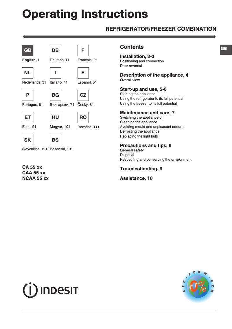 Page 1 de la notice Manuel utilisateur Indesit CAA 55 NX 1