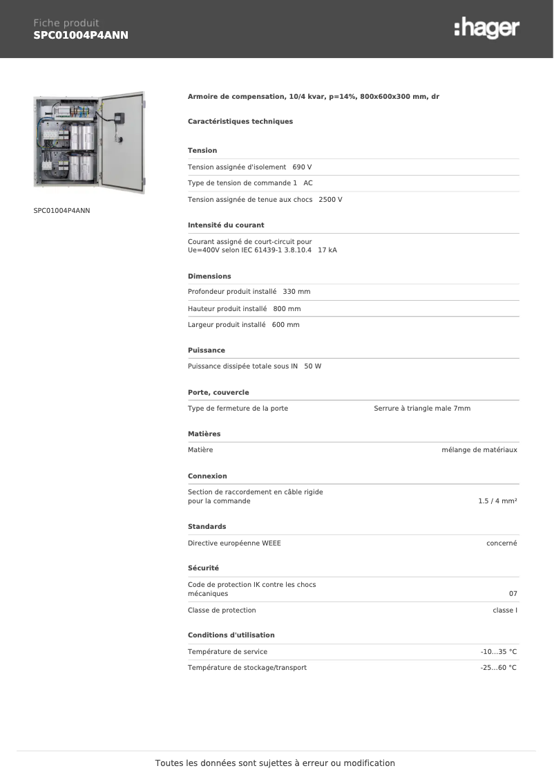 Page 1 de la notice Fiche technique Hager SPC01004P4ANN