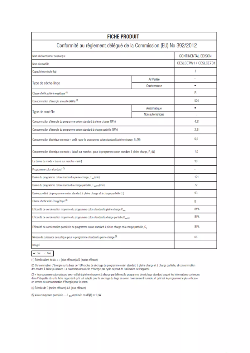 Page 1 de la notice Label énergétique Continental Edison CESLCE7B1