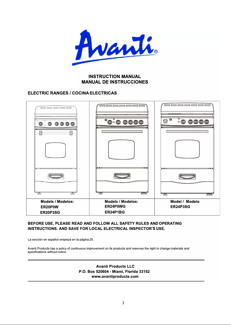 Page 1 de la notice Manuel utilisateur Avanti ER20P3SG