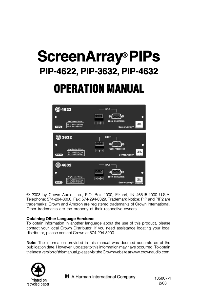 Page 1 de la notice Manuel utilisateur Crown Screen Array PIPS