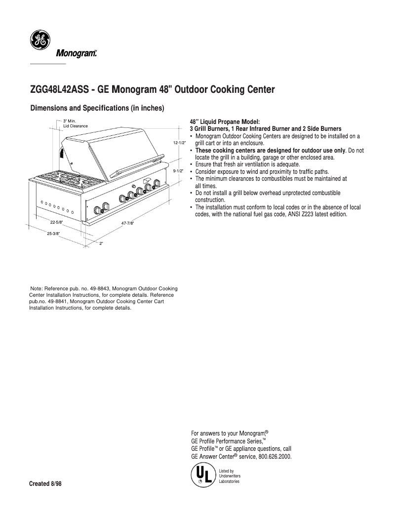 Página 1 del manual Ficha técnica GE ZGG48L42ASS