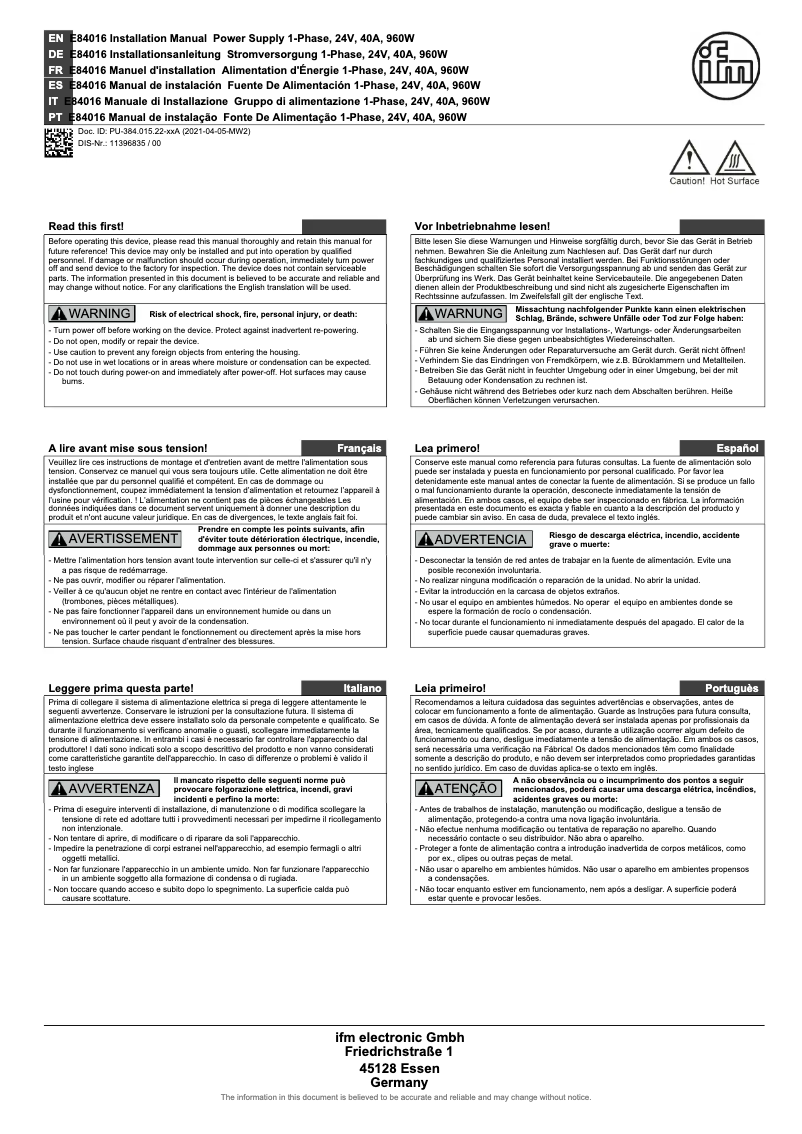 Page n°1 - Manuel utilisateur IFM E84016