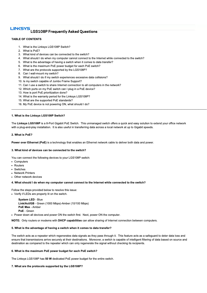 Page 1 de la notice Manuel utilisateur Linksys LGS108P