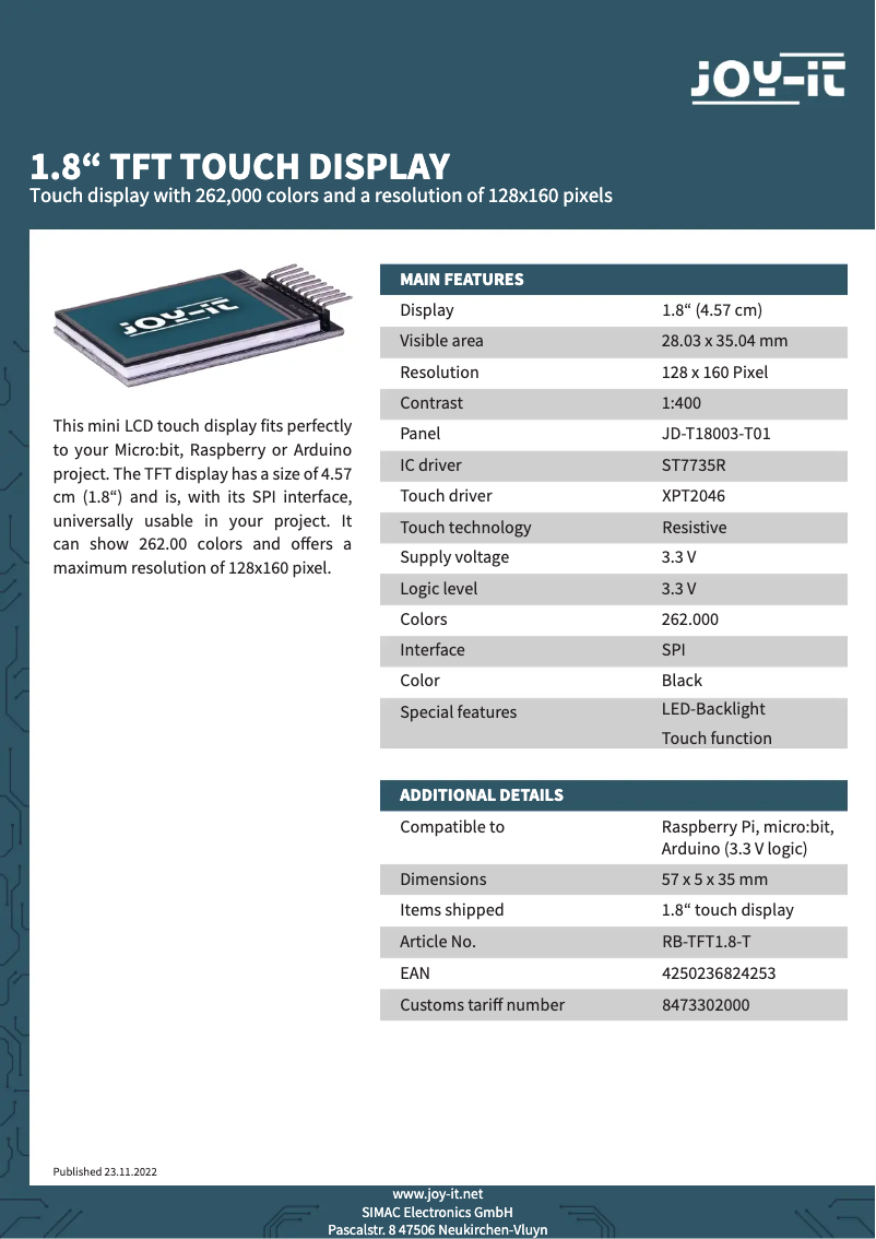 Page 1 de la notice Manuel utilisateur Joy-It RB-TFT1.8-T
