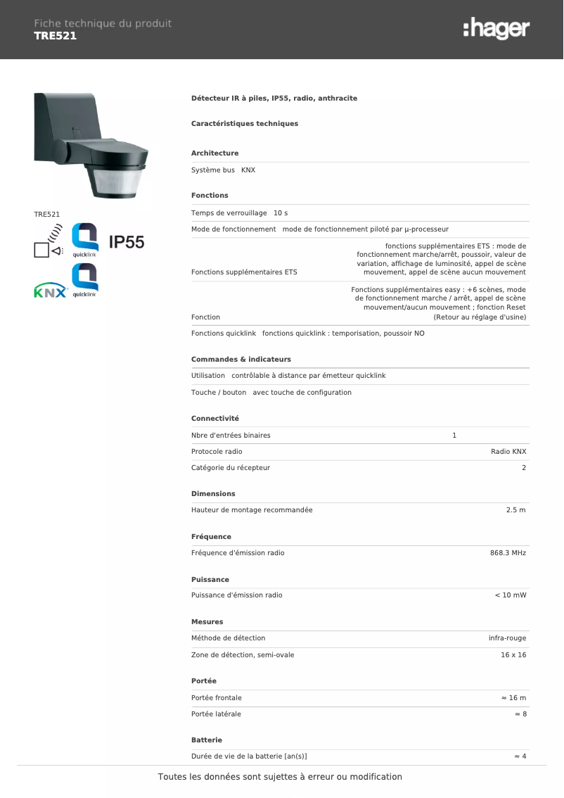 Page 1 de la notice Fiche technique Hager TRE521