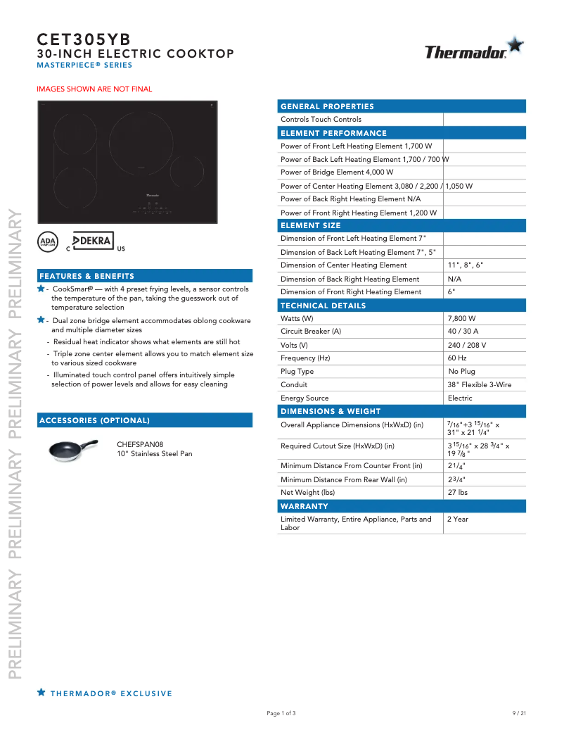 Page 1 de la notice Fiche technique Thermador CET305YB