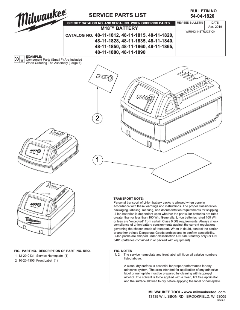 Page 1 de la notice Manuel utilisateur Milwaukee 48-11-1890