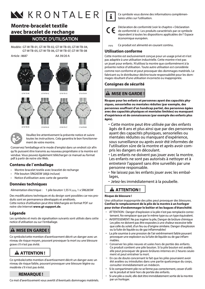 Page 1 de la notice Manuel utilisateur Krontaler GT-W-TB-08
