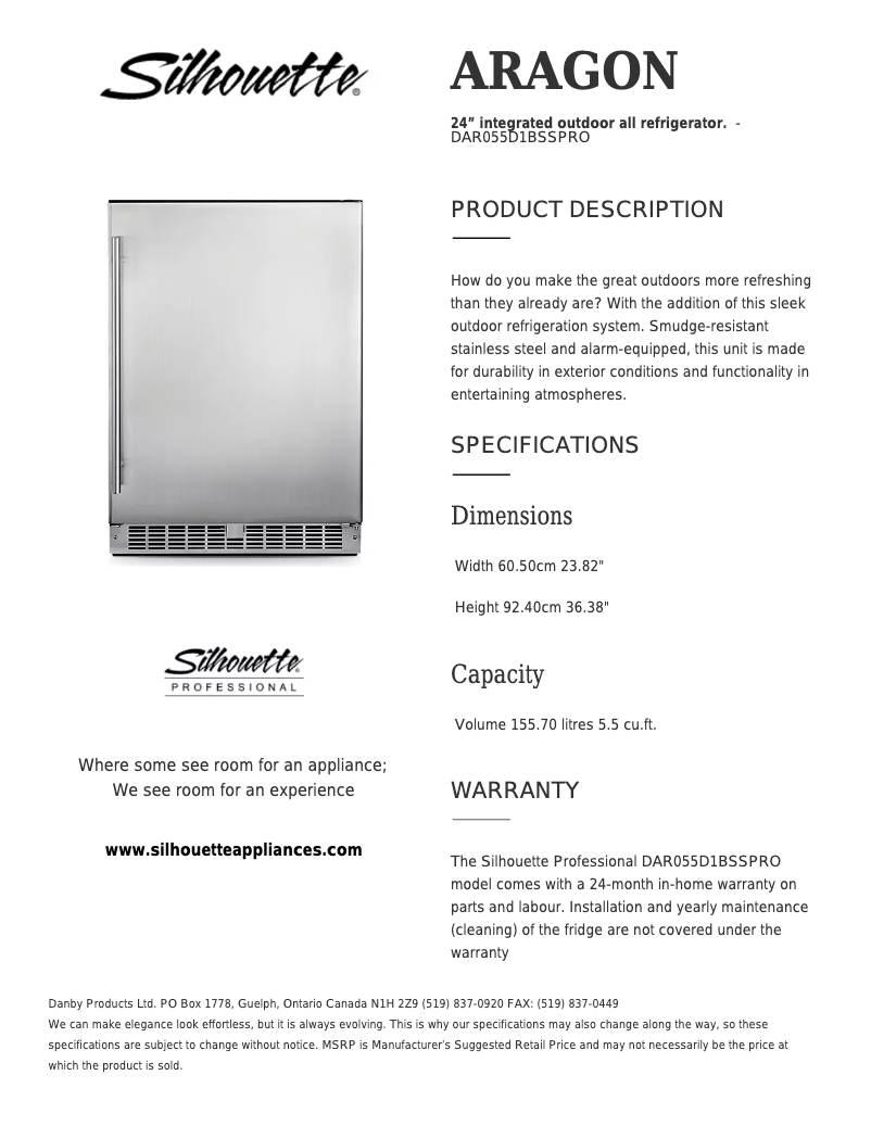 Page 1 de la notice Fiche technique Danby DAR055D1BSSPRO