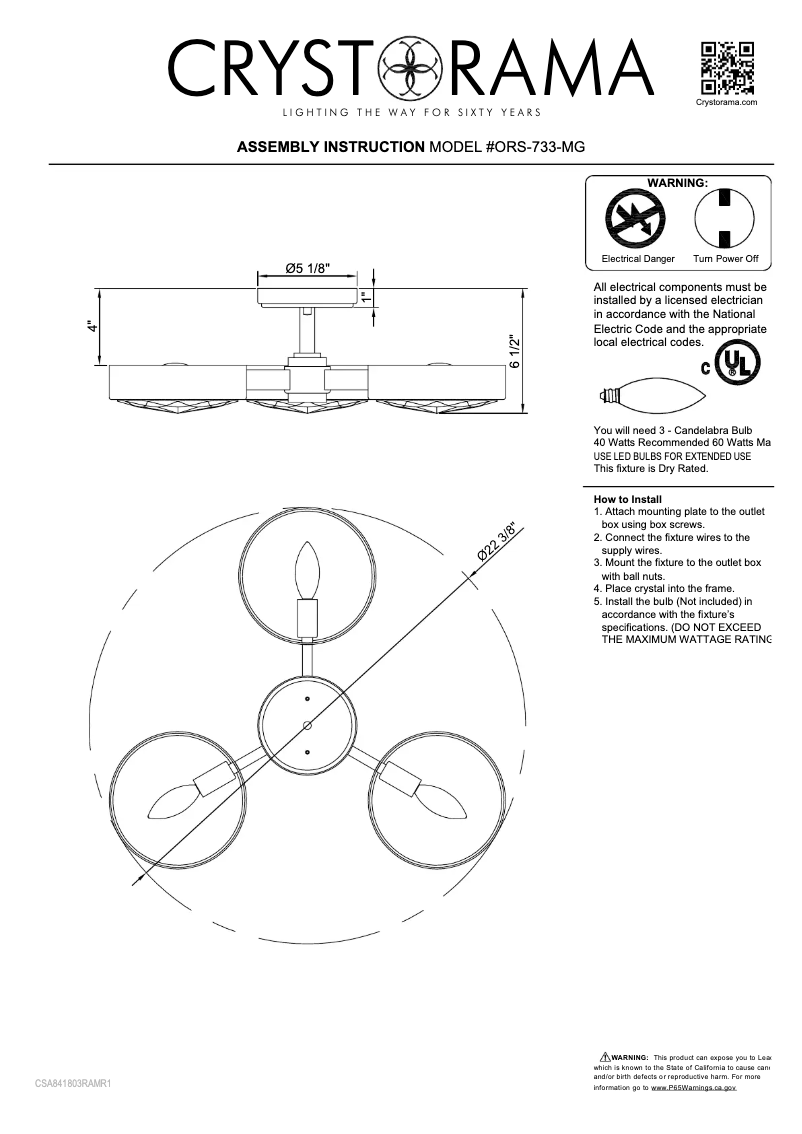 Page 1 de la notice Manuel utilisateur Crystorama Orson ORS-733-MG