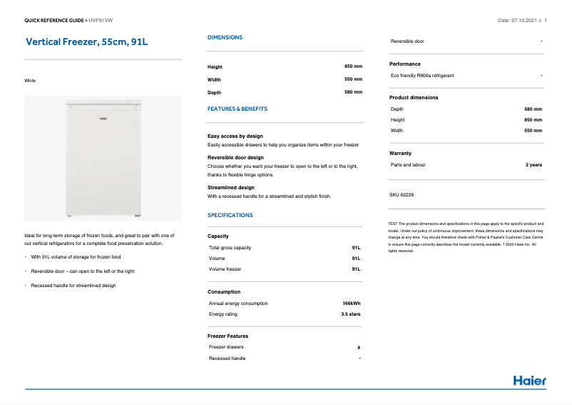 Page 1 de la notice Manuel utilisateur Haier HVF91VW