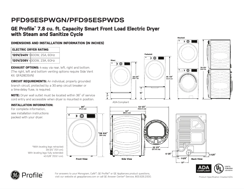 Page 1 de la notice Fiche technique GE PFD95ESPWDS
