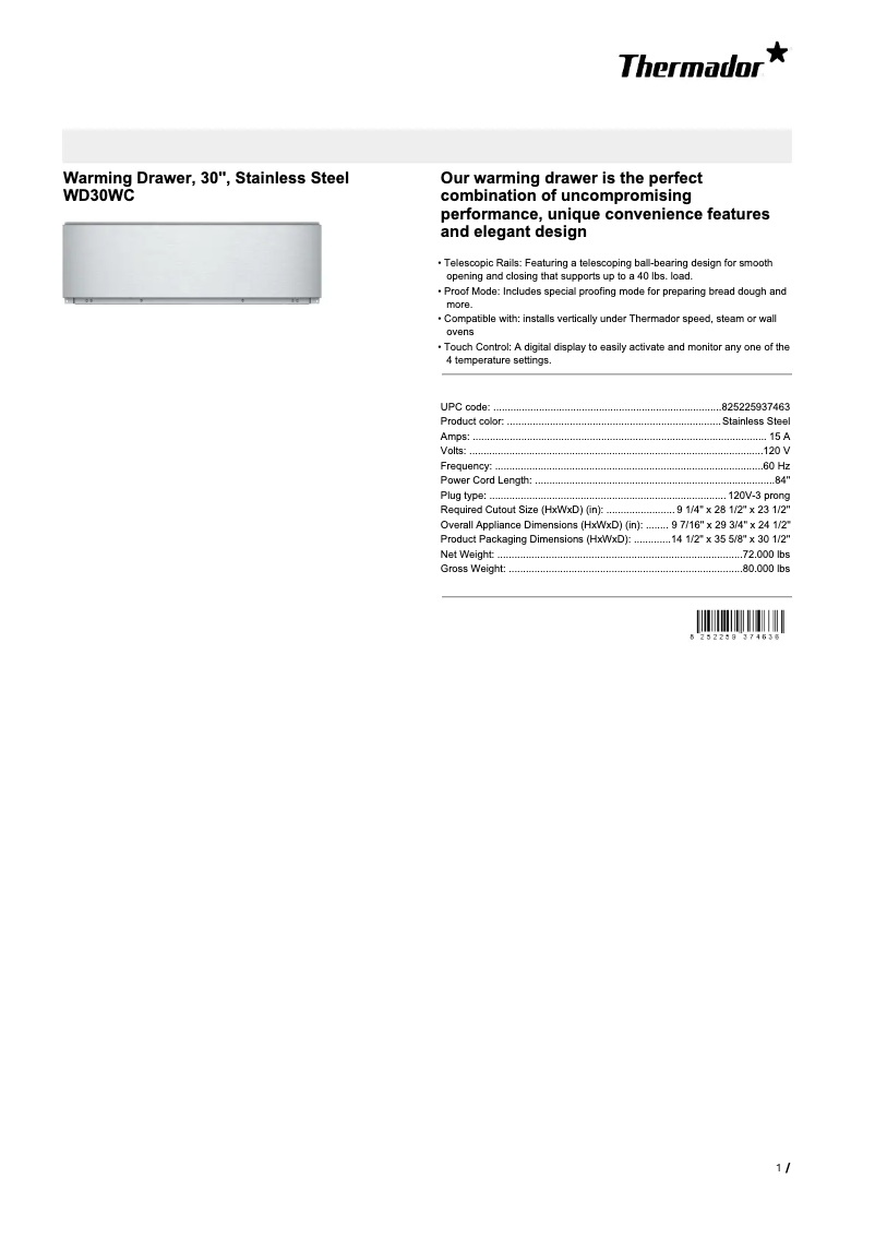 Page 1 de la notice Fiche technique Thermador WD30WC