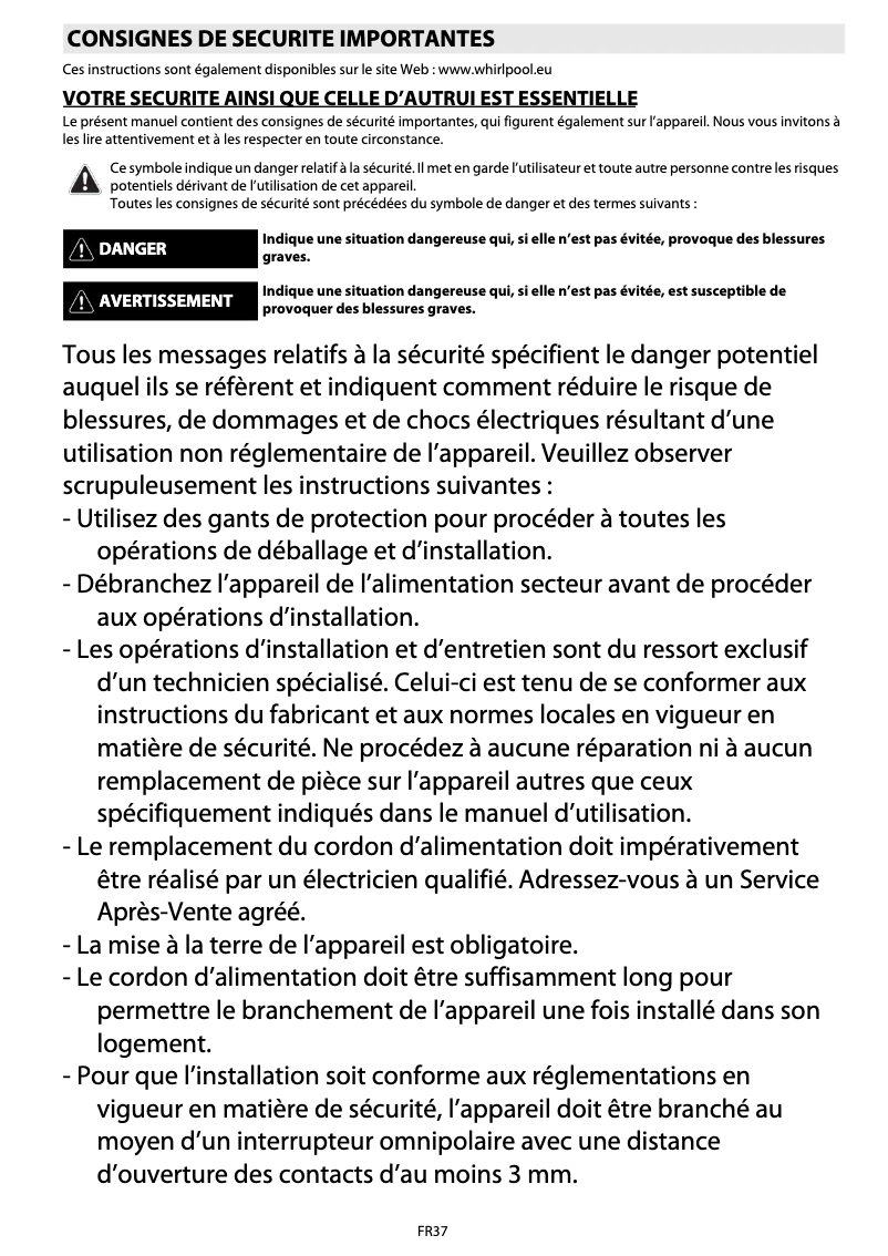 Page 1 de la notice Manuel utilisateur Whirlpool AKZ 549 IX