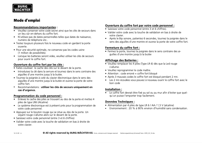 Page 1 de la notice Manuel utilisateur Burg Wächter Universal Safe 2 E