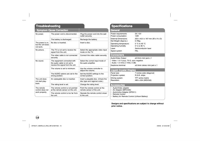 Page 1 de la notice Manuel utilisateur LG DP450P