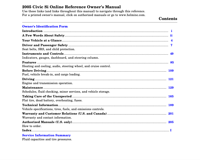 Page 1 de la notice Manuel utilisateur Honda Civic Si (2005)