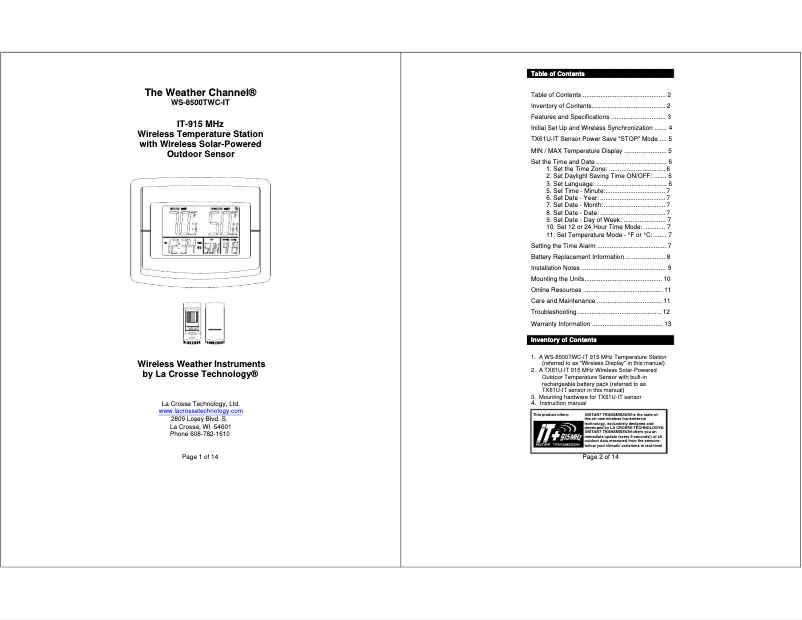 Page n°1 - Manuel utilisateur La Crosse Technology WS-8500TWC-IT