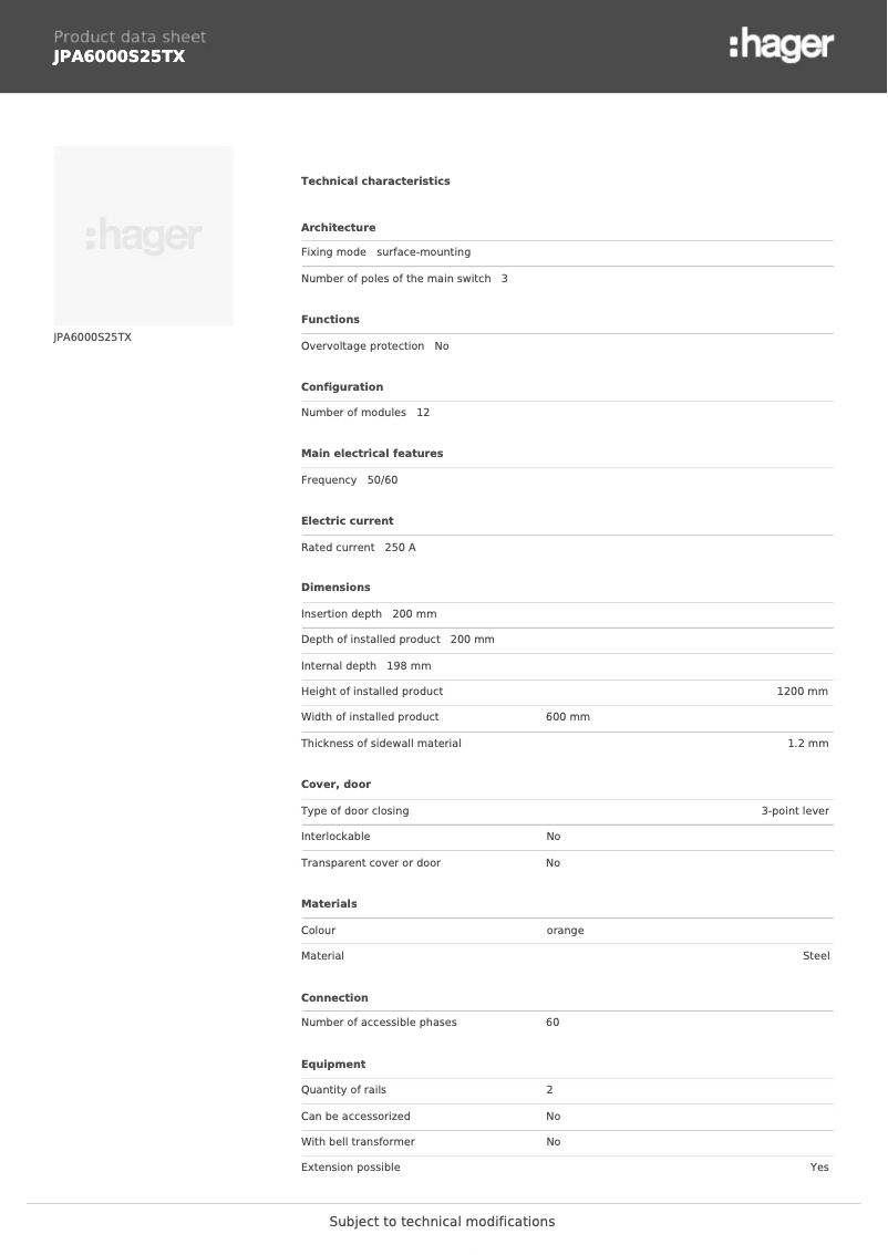 Page 1 de la notice Fiche technique Hager JPA6000S25TX