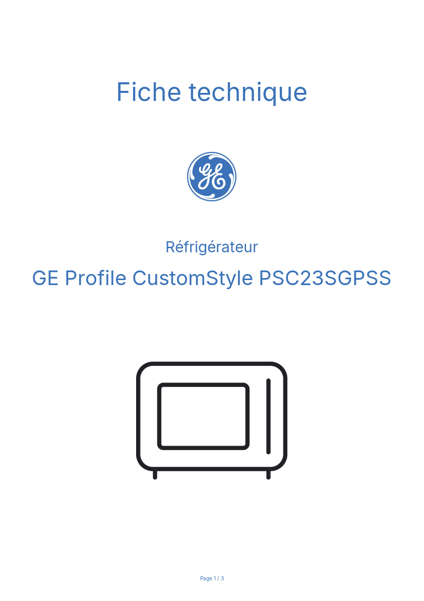 Page n°1 - Fiche technique GE Profile CustomStyle PSC23SGPSS