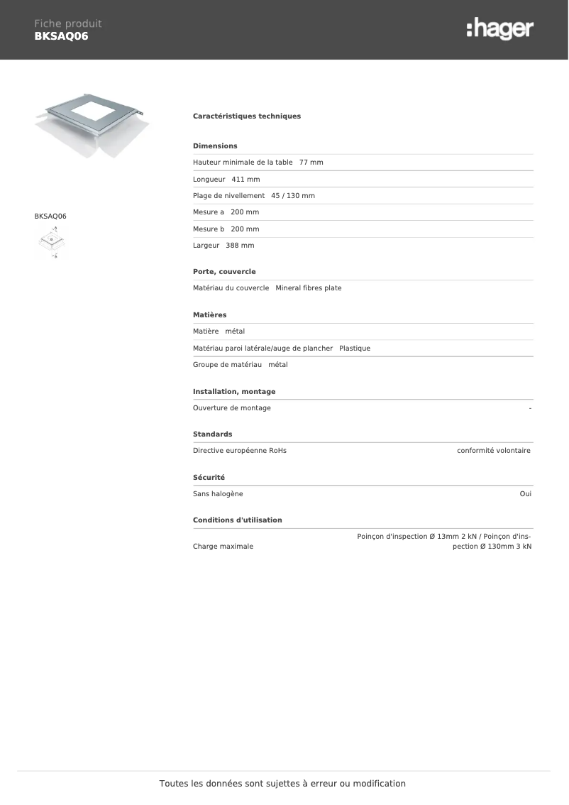 Page 1 de la notice Fiche technique Hager BKSAQ06