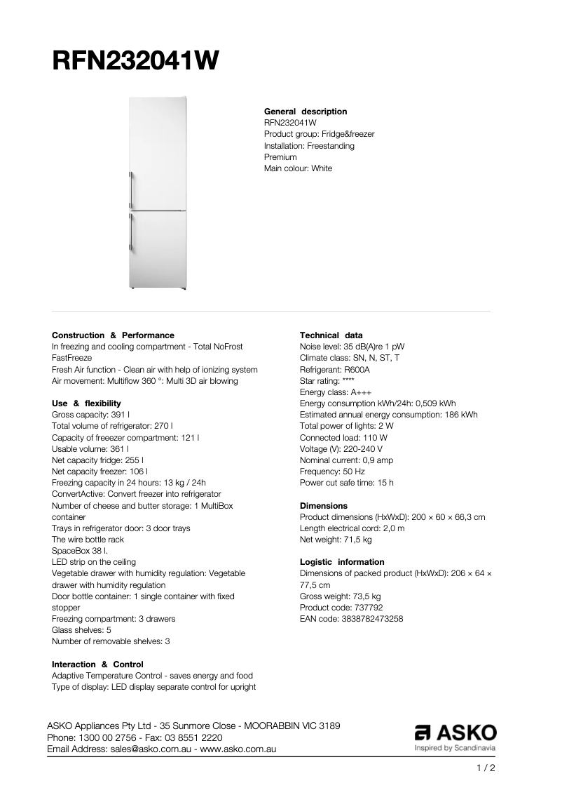 Image de la première page du manuel de l'appareil RFN232041W