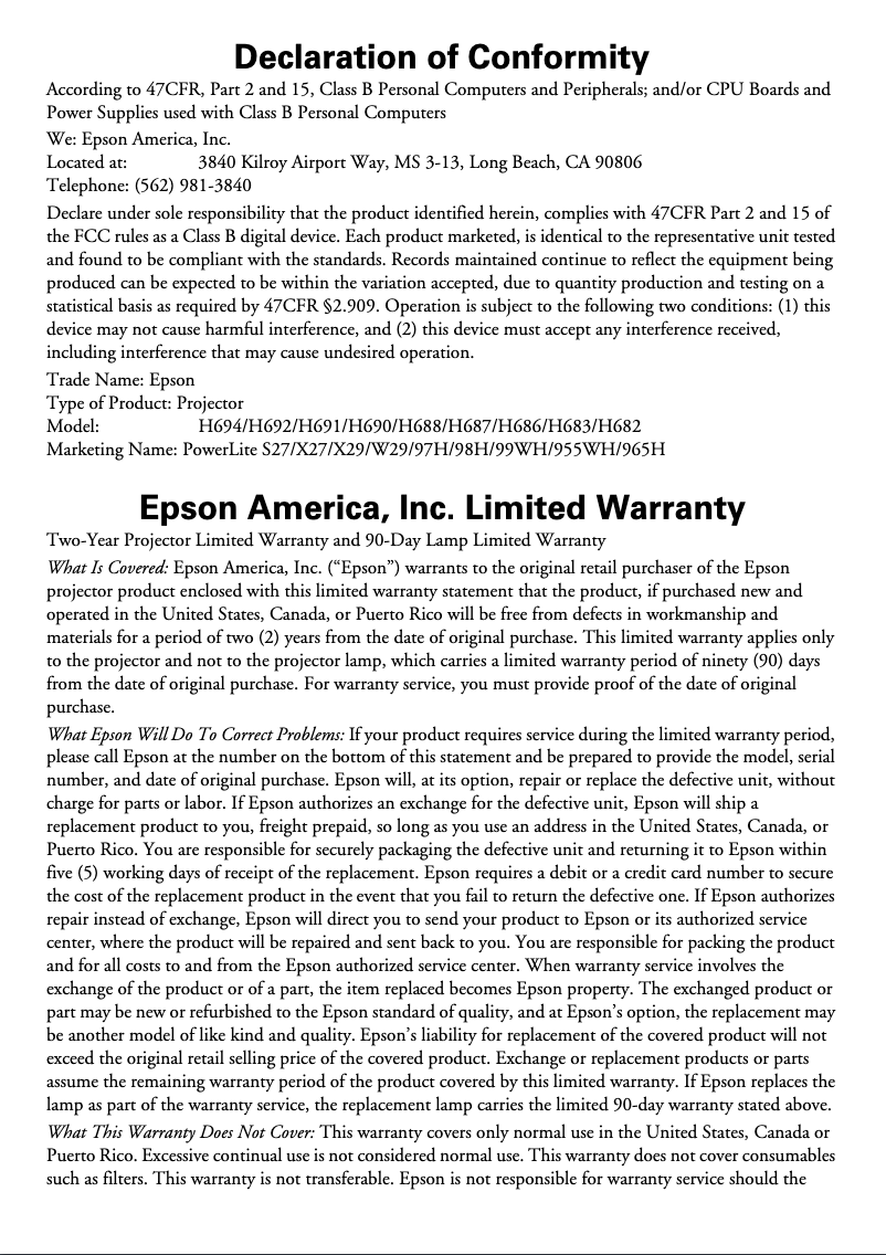 Page 1 de la notice Informations de garantie Epson PowerLite 955WH