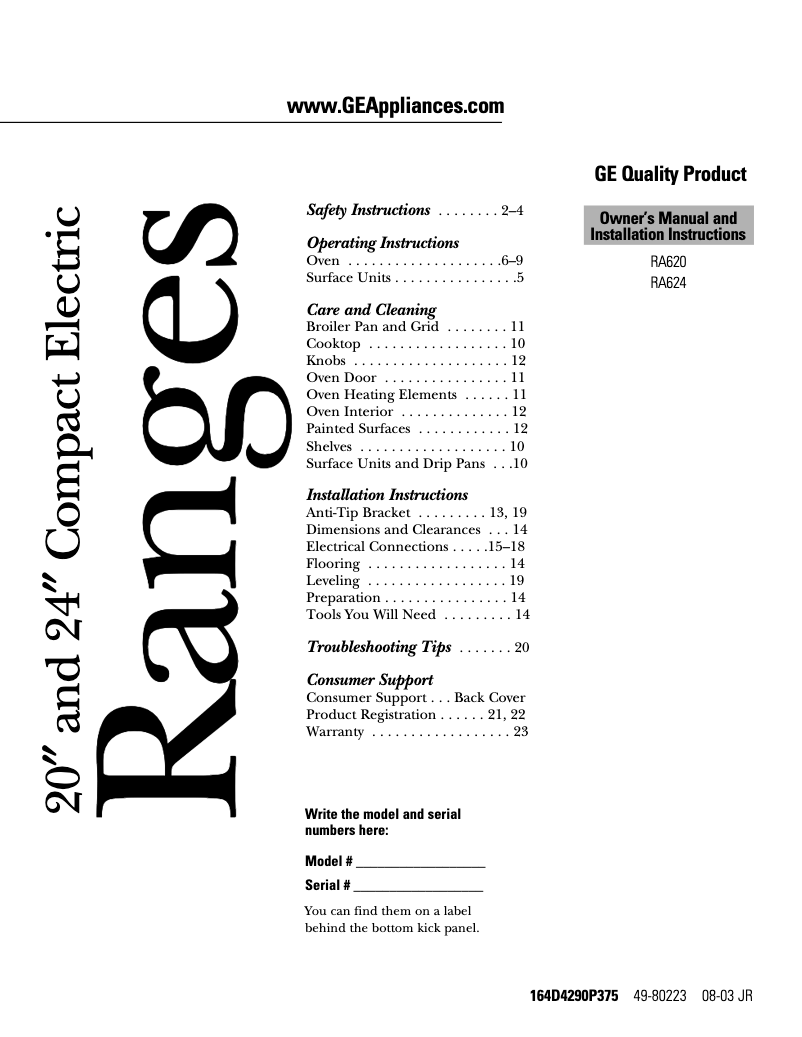 Page 1 de la notice Guide d'installation Hotpoint RA620FWH