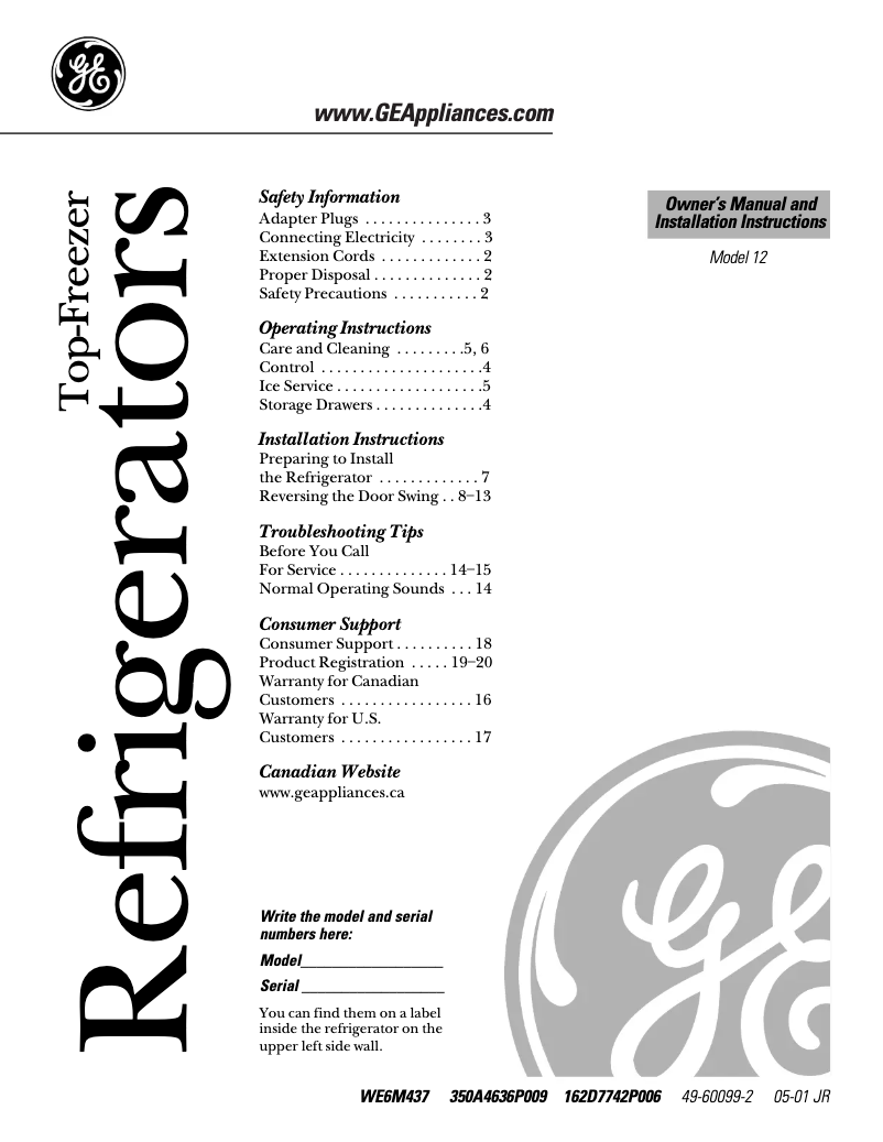 Page 1 de la notice Manuel d'utilisation et d'entretien GE GTS12BBMLCC