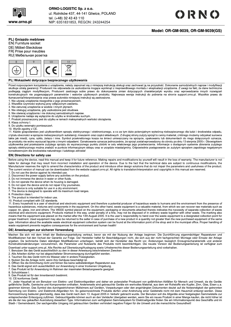 Image de la première page du manuel de l'appareil OR-GM-9039