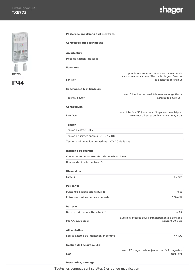 Page 1 de la notice Fiche technique Hager TXE773