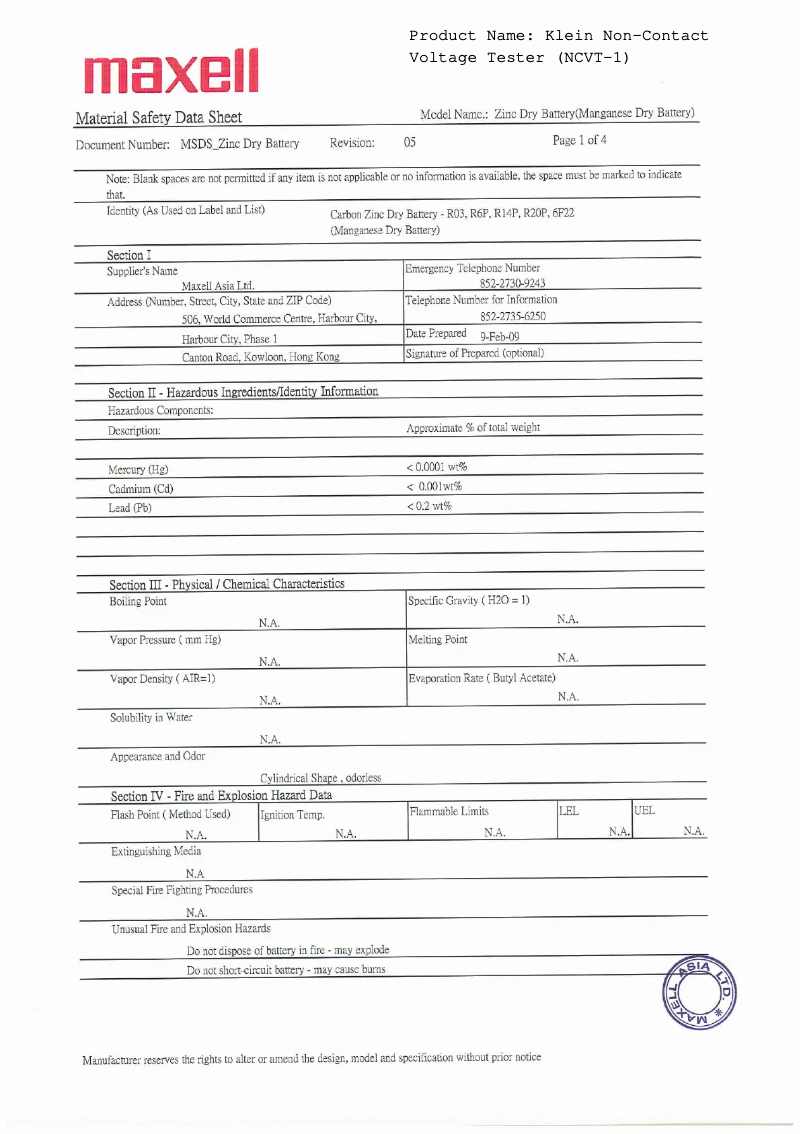 Page n°1 - Fiche technique Klein Tools NCVT-1