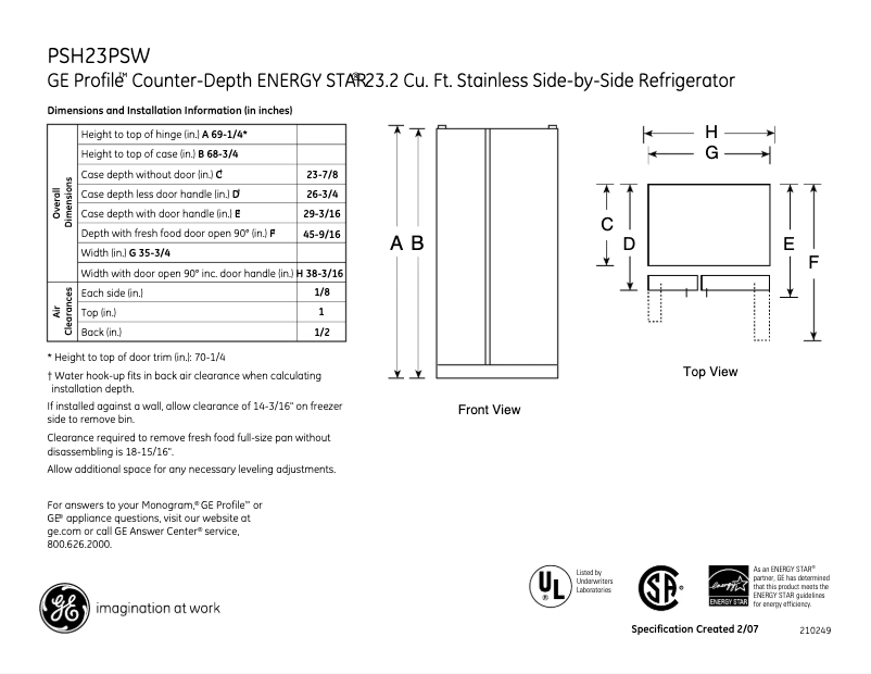 Page n°1 - Fiche technique GE Profile PSH23PSWSS