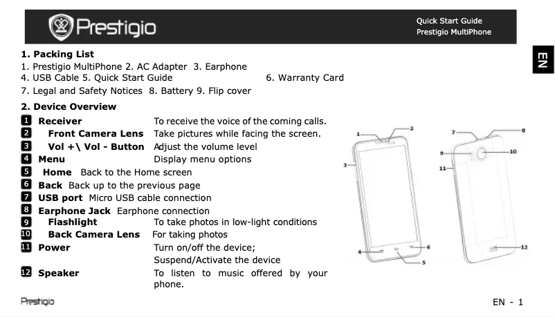 Page 1 de la notice Guide de démarrage rapide Prestigio MultiPhone 5307 DUO