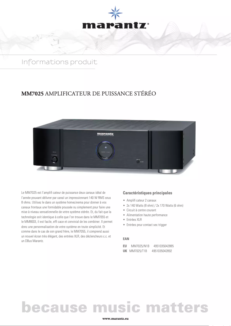 Page 1 de la notice Fiche technique Marantz MM7025