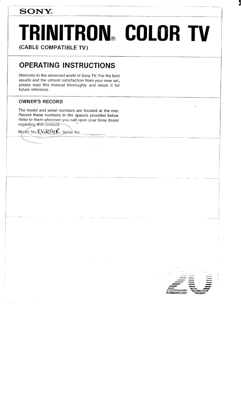 Page 1 de la notice Manuel utilisateur Sony KV-2091R