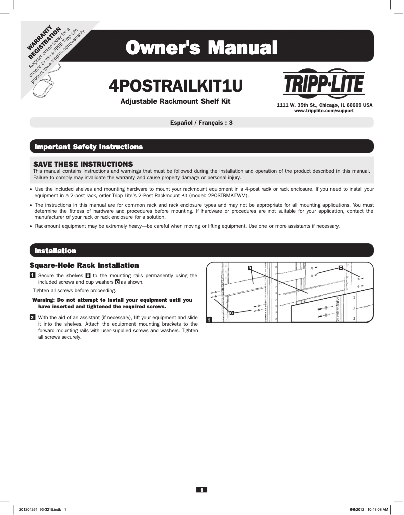 Page n°1 - Manuel utilisateur Tripp Lite 4POSTRAILKIT1U