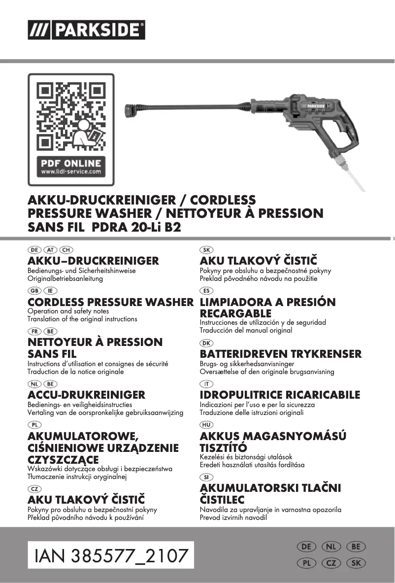 Page 1 de la notice Manuel utilisateur Parkside PDRA 20-Li B2