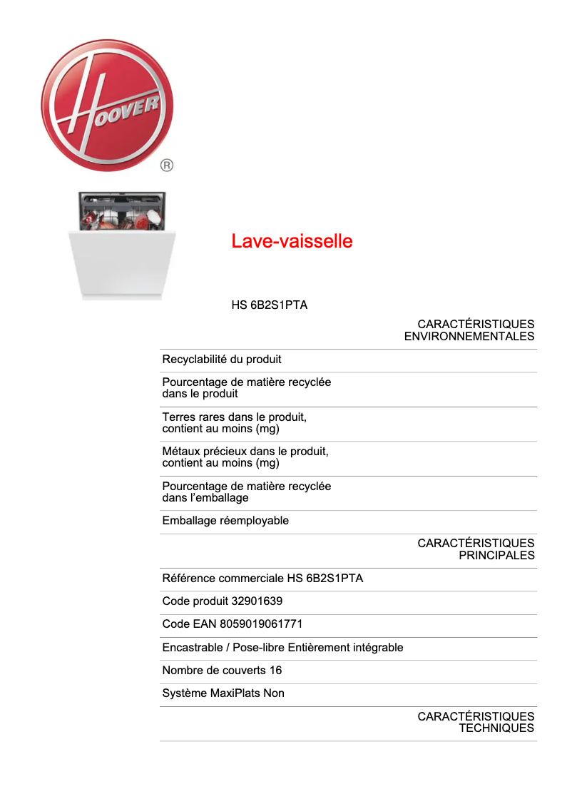 Page n°1 - Fiche technique Hoover HS 6B2S1PTA