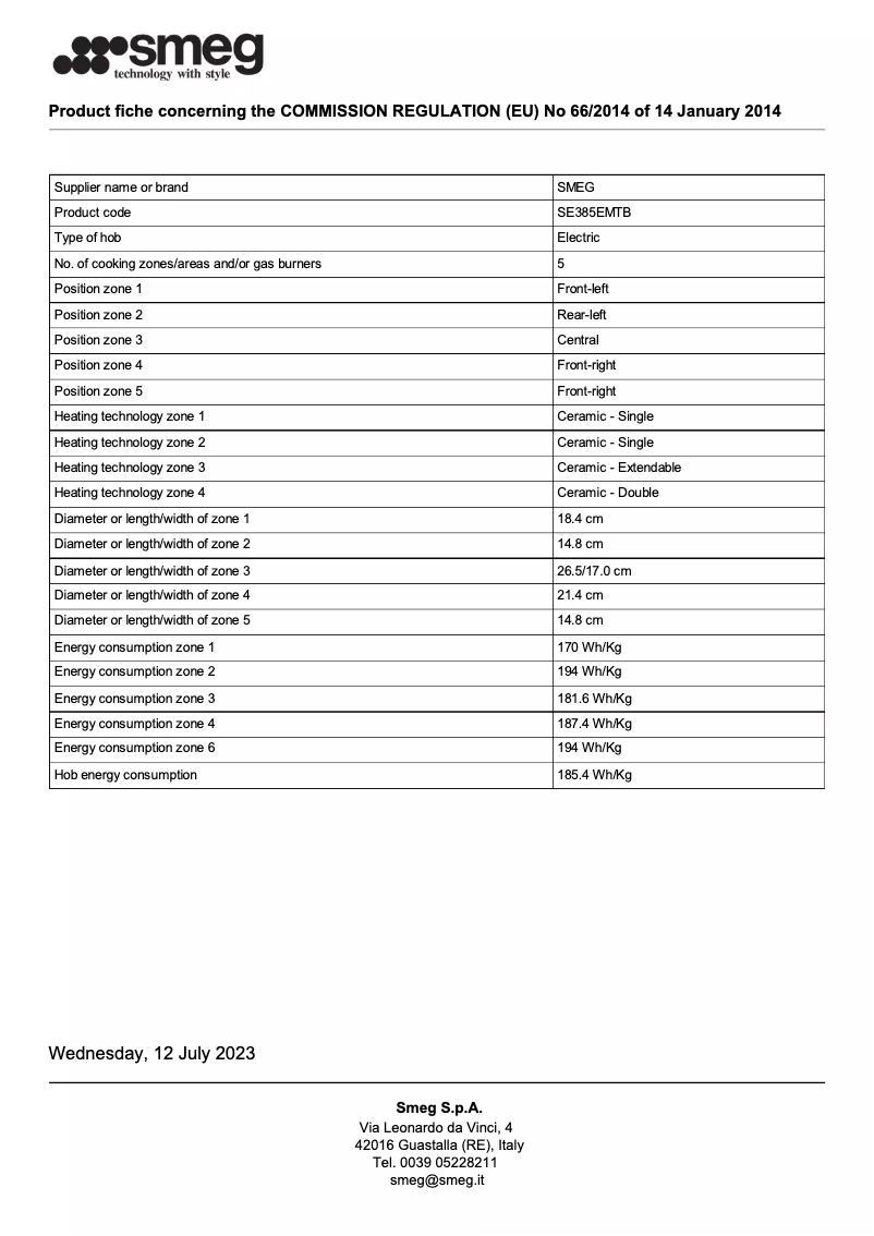 Page 1 de la notice Fiche technique Smeg SE385EMTB