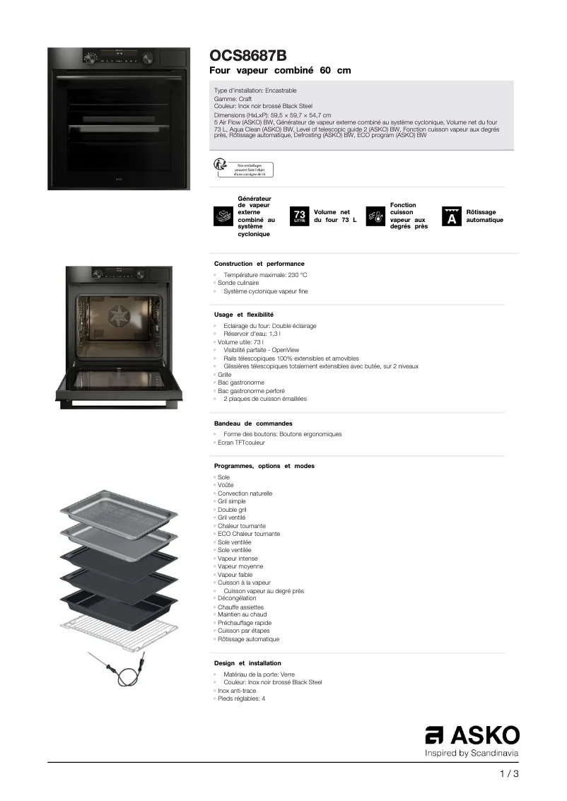 Page 1 de la notice Fiche technique Asko OCS8687B